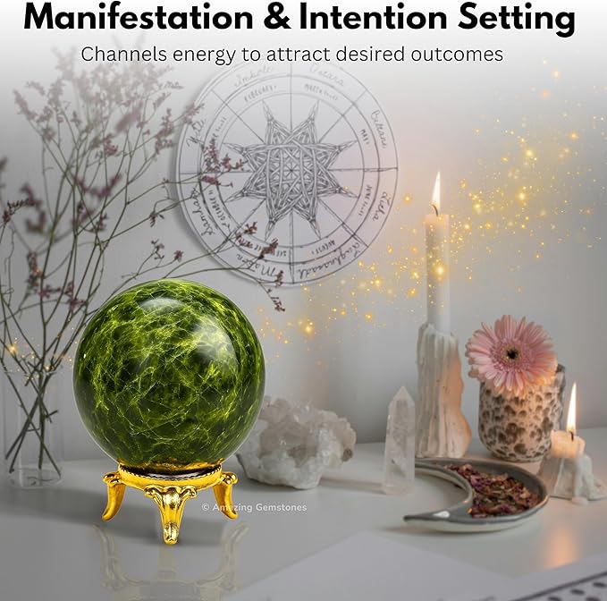Amazing Gemstone Green Tourmaline Crystal Ball with Stand - 2 Inches Crystal Sphere Meditation Balls for Witchcraft and Decorative Balls