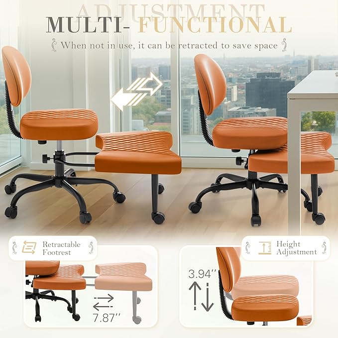 Furmax Ergonomic Criss Cross Legged Office Chair with Wheels, 360°Swivel Adjustable Height Kneeling Desk Chair with Footrest for ADHD, Yoga, Meditation, Home Office (Leather, Brown)