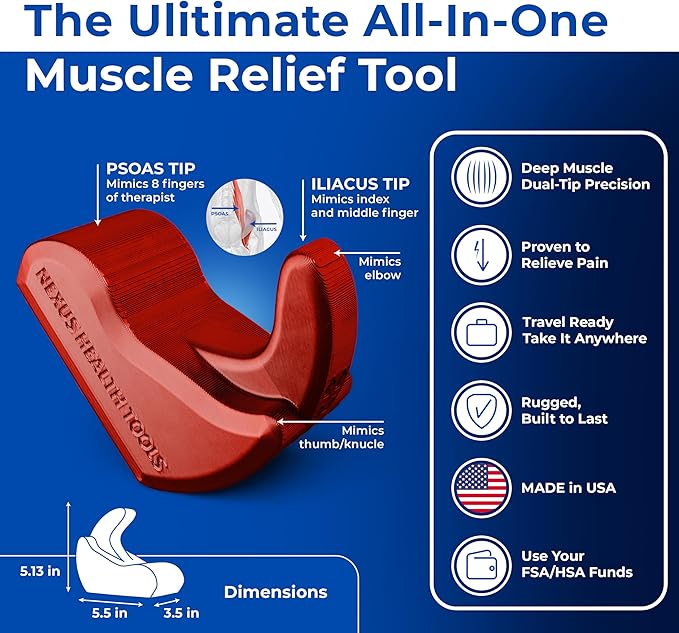 Core Nexus - Rotating Psoas & Iliacus Release Tool | Hip Flexor Mobility | All-in-One Lower Back, Sciatica & Hip Pain Relief | Muscle Recovery | Performance Enhancement | Deep Tissue Massage | Red