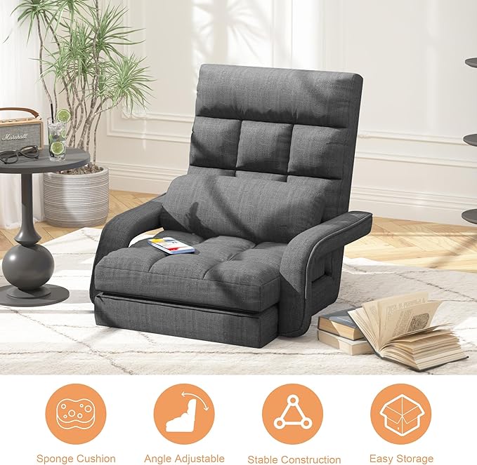 Adjustable Floor Gaming Chair for Adults, 6-Position Chaise Lounge Chair with Meditation Arm, Foldable Lazy Sofa with Pillow, Comfy Chair Indoor for Bedroom Dorm Living Room, Charcoal