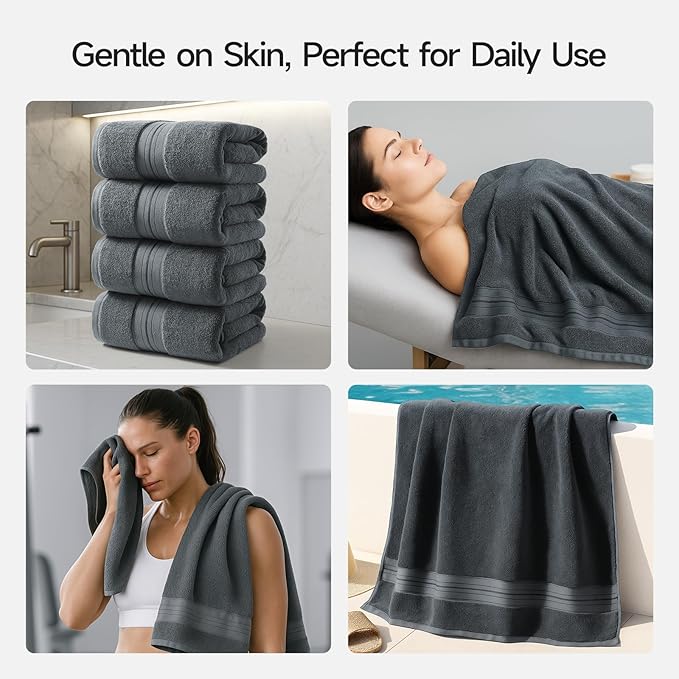 REDKISS 100% Cotton Bath Towels Set of 4, Extra Large Bath Sheets 27 X 59 Inches, 600 GSM, Quick Dry, Ultra Soft & Super Absorbent Bathroom Towel Sets for Bathroom, Gym, Spa, Pool & Hotel, Dark Grey