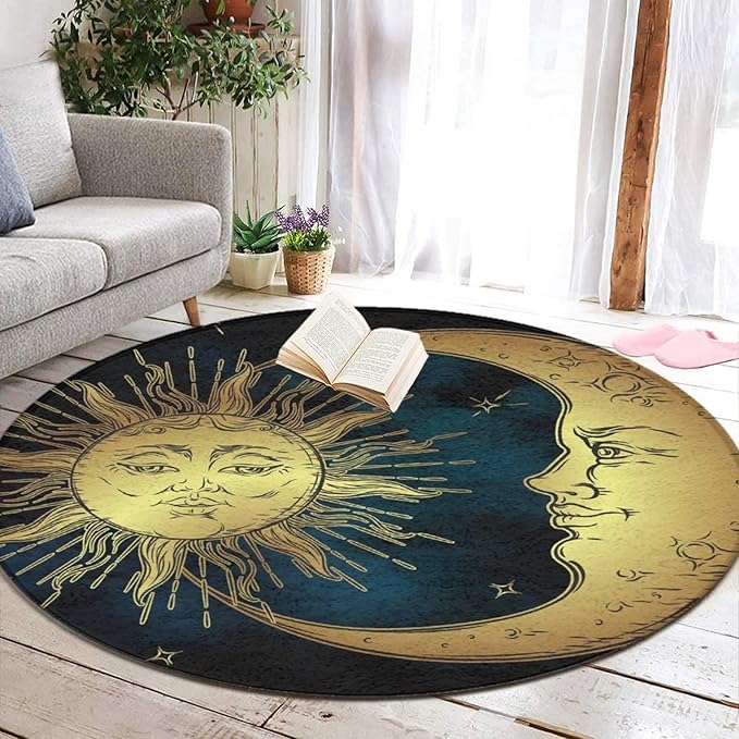 Large Home Decor Mat, Soft Round Yoga Carpet, Non-Slip Machine Washable Home Office Circle Rug Compatible with Boho Gold Sun Crescent Moon Star
