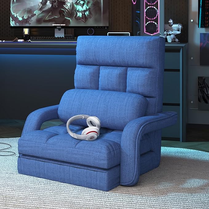 Floor Gaming Chair, 6 Adjustable Position Comfy Chair with Back Support, Ergonomic Chaise Lounge Chair, Meditation Chair with Armrest for Living Room, Bedroom, Blue