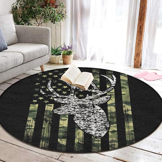 Large Home Decor Mat, Soft Round Yoga Carpet, Non-Slip Machine Washable Kitchen Office Circle Rug Compatible with Deer Camo Camouflage American Flag Hunting Black
