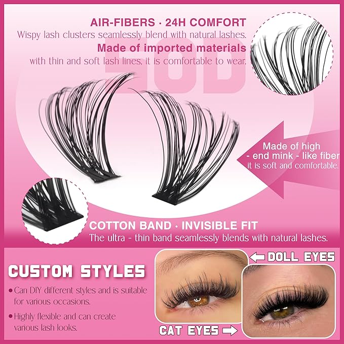 FANXITON Cluster Lashes 50D Lash Clusters D Natural Eyelashes Extensions 14-16mm Mix Individual Lashes Thin Band Lash Bond and Seal Tweezers Eyelashes Cluster for DIY Lash Extension