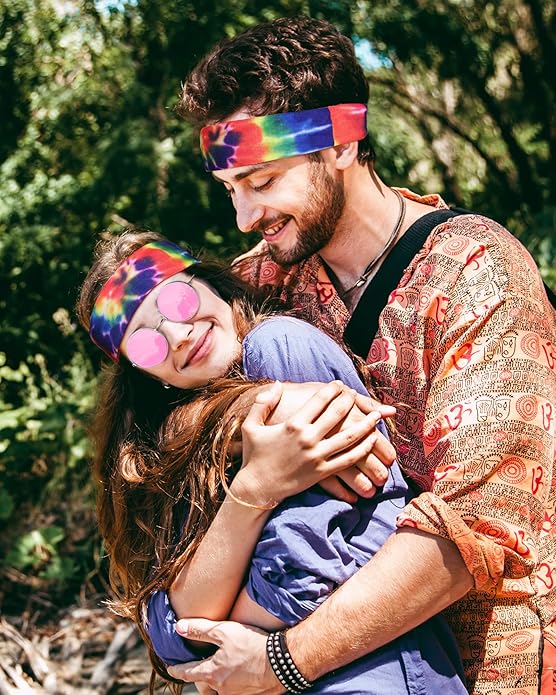 Frienda Hippie Costume Set, Hippie Sunglasses, Peace Sign Necklace and Tie Dye Headband for 60s 70s Accessories