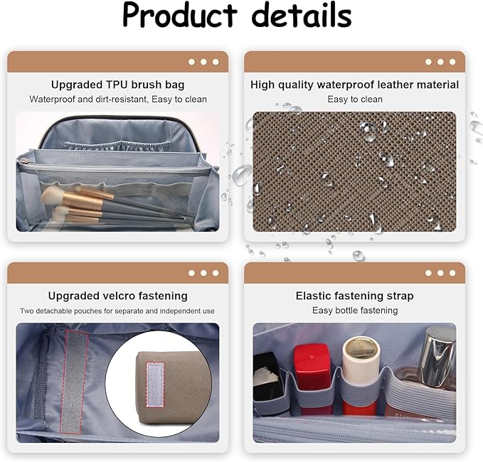 BOYATU Travel Makeup Bag Organizer Cosmetic Bag: 3 Pcs Set Make up Bags for Women with Handle - Waterproof Vegan Leather Toiletry Bags Travel Essentials Pouch with Compartments (G-06-Grey)
