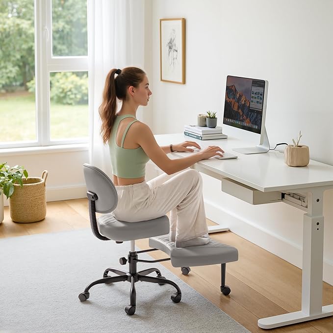 Furmax Ergonomic Criss Cross Legged Office Chair with Wheels, 360°Swivel Adjustable Height Kneeling Desk Chair with Footrest for ADHD, Yoga, Meditation, Home Office (Leather, Gray)