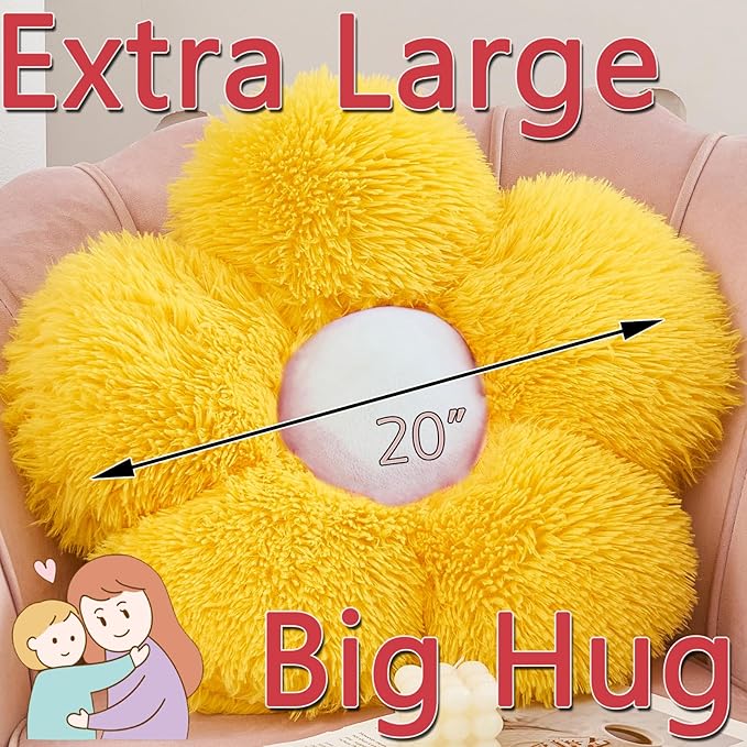 MorroMorn Flower Pillow Shaped Throw Pillows, 20" Floor Pillow Butt Cushion - Fluffy Shaggy Daisy Floral Decorative Pillows for Bed Couch Sofa Chair Cute Plush Faux Fur Room Decor (Yellow)