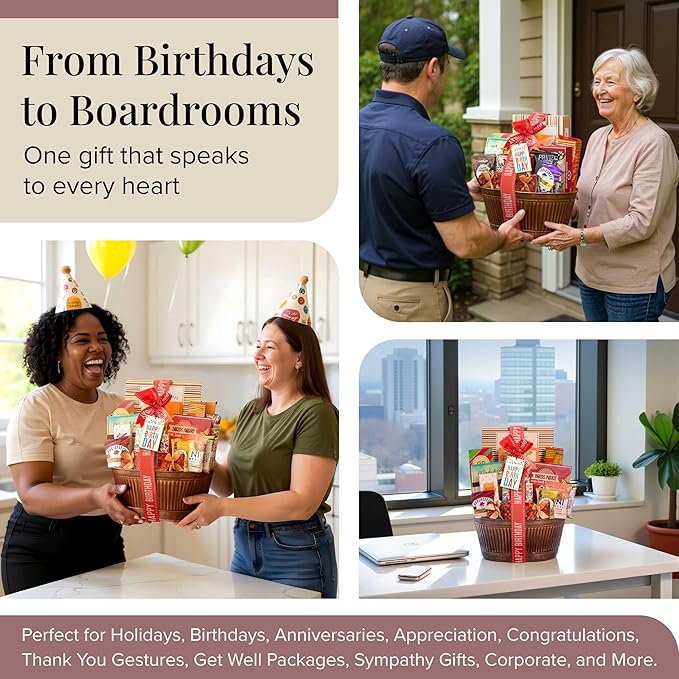 Birthday Gift Basket – Gourmet Snacks & Sweets Treat Box with Cookies for Him, Food Gifts for Women, Delicious Birthday Treats, Candy Surprise by Broadway Basketeers