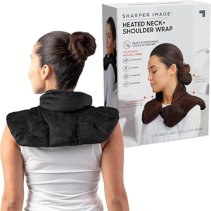 Sharper Image Heated Neck & Shoulder Wrap - Microwavable Warm & Cooling Plush Pad, Scented Aromatherapy (100% Natural Lavender & Herb Spa Blend), Pain Tension Headache Relief Therapy, Gift for Women