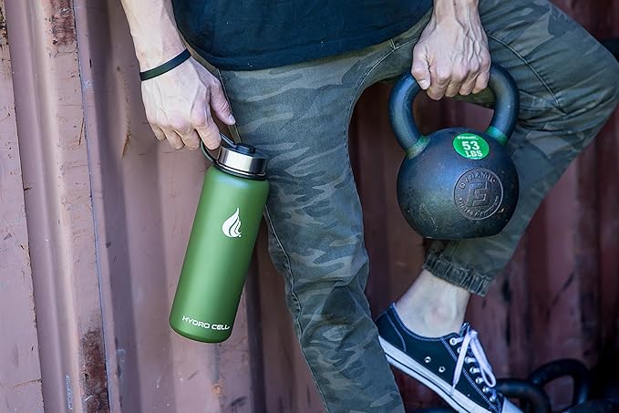 HYDRO CELL Stainless Steel Insulated Water Bottle with Straw - For Cold & Hot Drinks - Metal Vacuum Flask with Screw Cap and Modern Leakproof Sport Thermos for Adults (Army 40oz)