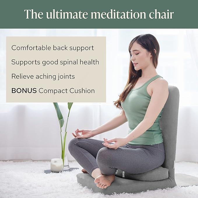 Mindful Modern Folding Pro Meditation Chair - Adjustable Meditation Seat with Back Support and Half Moon Buckwheat Meditation Cushion - Comfortable Mindfulness Living Room Floor Chair