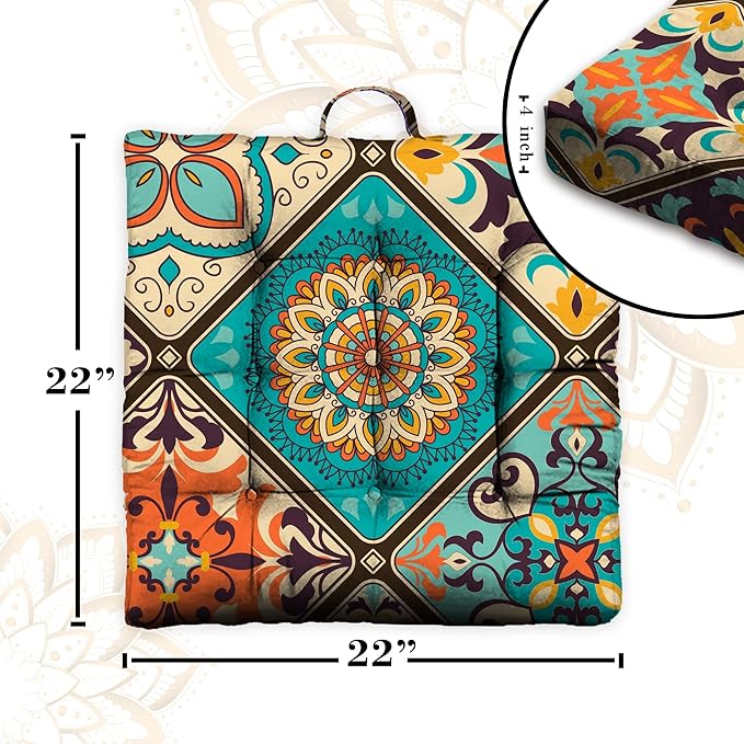 Mandala Meditation Cushion, Boho Meditation Mat, Meditation Pillows for Sitting on Floor, Cushions for Sitting in Home and Outdoor, Square Floor Pillows Cushion Seating for Yoga 22'' X 22''
