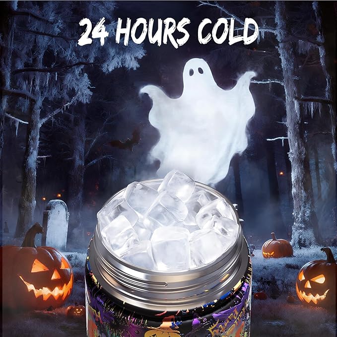 Halloween Insulated Water Bottle with Straw, Stainless Steel Water Bottle, Leak Proof BPA-Free, Keeps Cold for 24 Hours for Sports, Skull Spooky Holiday Gifts (26 oz, Ghost Party)