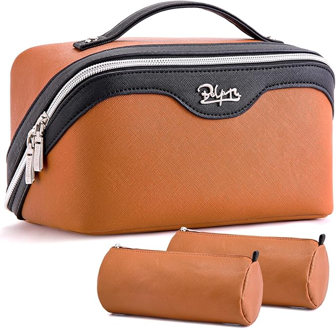 BOYATU Travel Makeup Bag Organizer Cosmetic Bag: 3 Pcs Set Make up Bags for Women with Handle - Waterproof Vegan Leather Toiletry Bags Travel Essentials Pouch with Compartments (G-04-Orange)