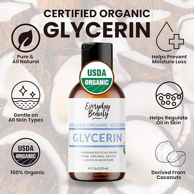 100% Organic Glycerin - For Skin & Hair - Food Grade - USDA Certified - Not From Palm Oil - Perfect Skin and Hair Moisturizer - 4 Fl Oz