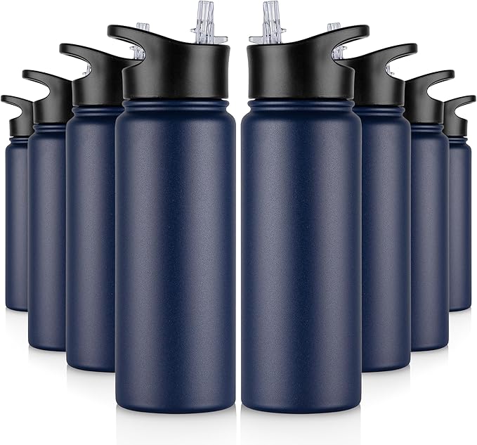 24 oz Insulated Water Bottle Bulk 8 Pack, Stainless Steel Sports Water Bottles with Straw Lid & Wide Mouth Lids, Double Walled Vacuum, Leak Proof, Blue