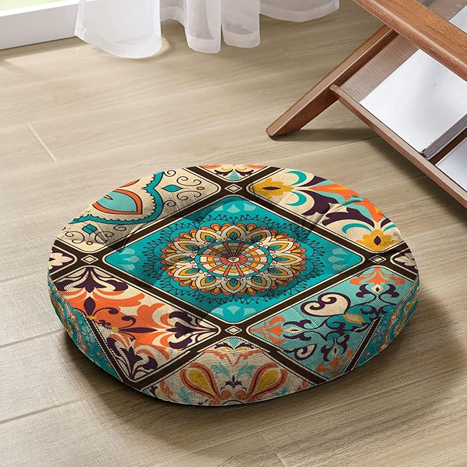 Mandala Meditation Cushion, Boho Meditation Mat, Meditation Pillows for Sitting on Floor, Cushions for Sitting in Home and Outdoor, Round Floor Pillows Cushion Seating for Yoga 22'' X 22''