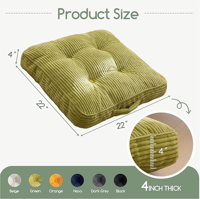 HIGOGOGO Washable Floor Pillow Cushion for Adults, Meditation Cushion Pillow, Large Square Floor Sitting, Removable Tufted Corduroy Cover, for Tatami Living Room or Yoga, 22x22 Inch, Machine Washable