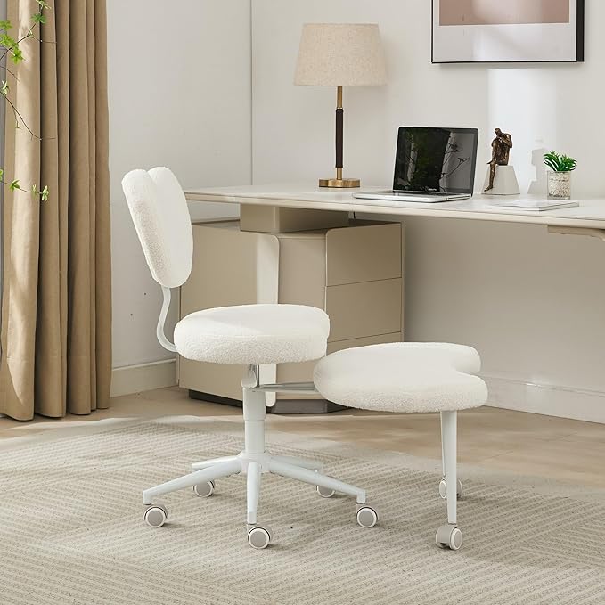 Cross-Legged Meditation Chair with Wheels, Adjustable Desk Chair for Home Office, Ergonomic Floor Seat for ADHD & Yoga, Criss Cross Chair with Lumbar Support, Memory Foam Cushion (Ivory-Teddy Fabric)