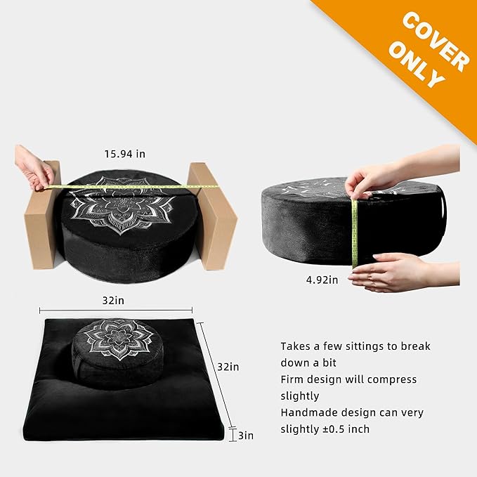 Meditation Zafu Cushion Set with Buckwheat Hulls & Memory Foam - Ergonomic Support for Yoga & Sitting - Removable Machine-Washable Luxury Velvet Cover - for Adults and Kids (Black(COVER ONLY))