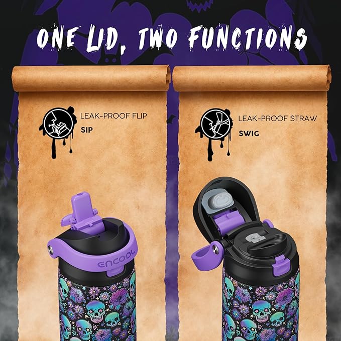 Halloween Gothic Water Bottle with Straw, Stainless Steel Insulated Water Bottle,Leak Proof, One-Touch Flip Lid, BPA Free, Holiday Gifts For Women Men, 32oz, Floral Afterlife