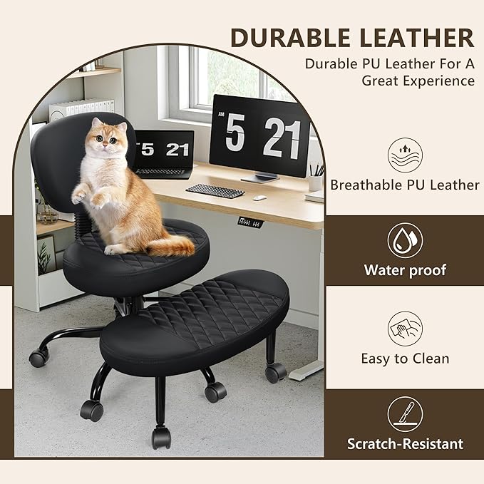 Ergonomic Cross Legged Office Chair with Wheels - Adjustable Height for Meditation, ADHD Desk & Yoga - Wide Criss Cross Design with Lumbar Support, Kneeling Chair - Black