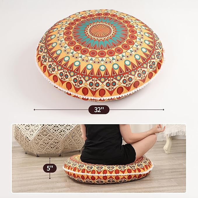 32 inches Meditation Floor Cushion for Adults, Round Large Thick Floor Pillow, Memory Foam Filling, Orange