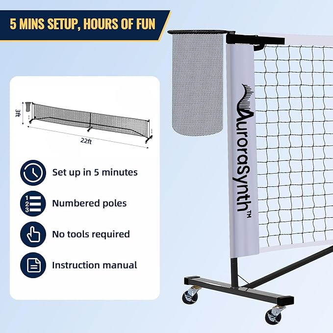 AuroraSynth Portable Pickleball Net Set with Wheels, 22 x 3ft Regulation Size Pickle Ball Net with Ball Collector, 4 Pickle Balls, 4 Pickleball Paddles, Carry Bag for Backyards, Driveway, Garage