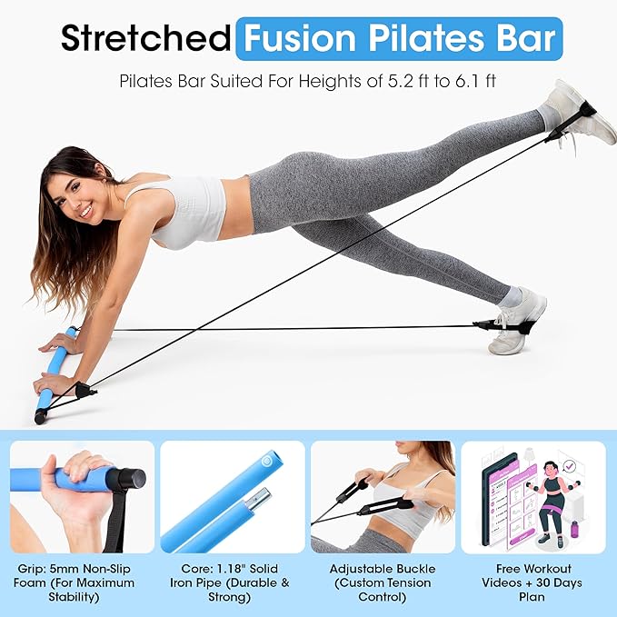 Pilates Bar Kit for Home Workouts | Portable Home Pilates Kit Set for Women & Men | Workout Bar for Legs, Hip, Waist and Arm | Includes Pilates Socks, 30-Day Challenge & Meal Plan