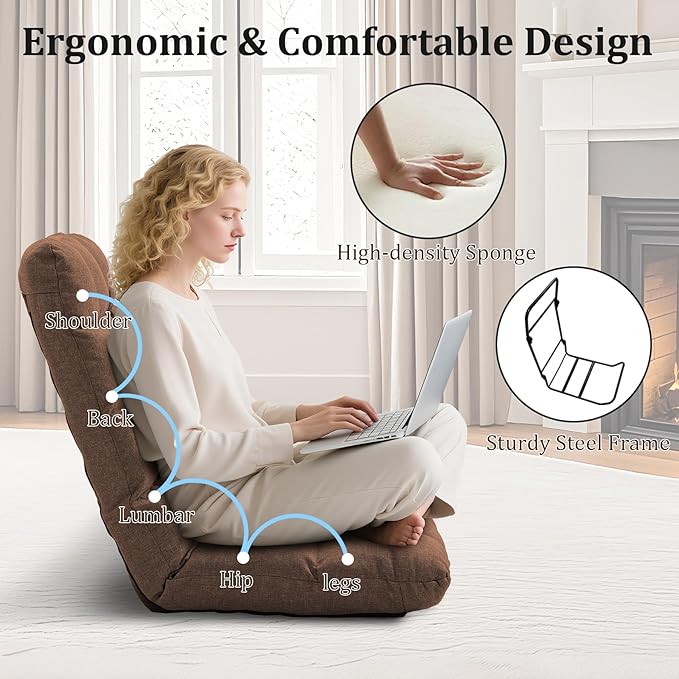 Folding Floor Chair with Back Support, 14 Adjustable Positions, Breathable Padded Sleeper Bed, Couch Recliner, Gaming Sofa Chair for Adults & Kids, Perfect for Meditating, Reading, Living Room (Brown)