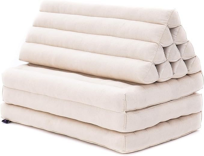 Leewadee 3-Fold Mat XXL with Triangle Cushion – Firm TV Pillow, Foldable Mattress with Cushion Made of Eco-Friendly Kapok, 67 x 31 inches, Ecru