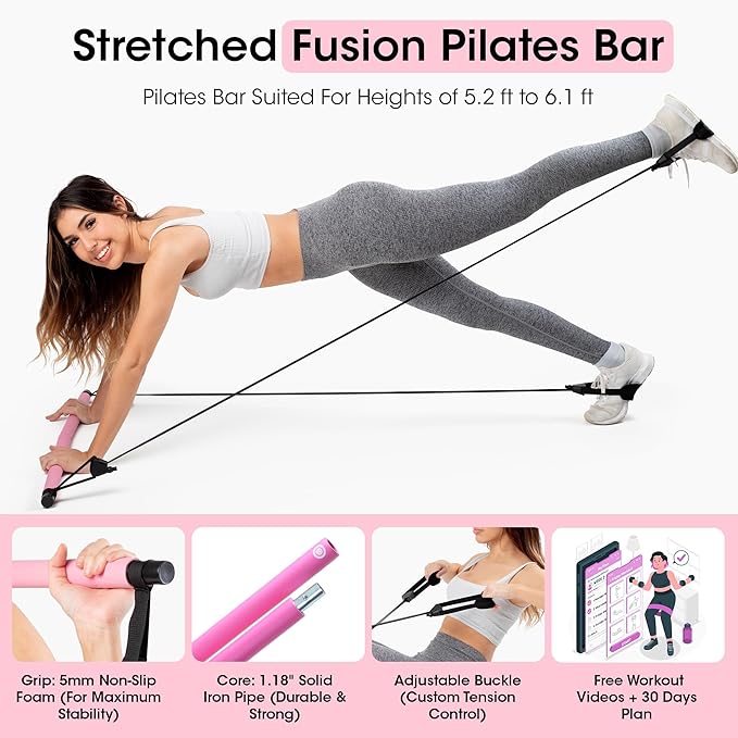 Pilates Bar Kit for Home Workouts | Portable Home Pilates Kit Set for Women & Men | Workout Bar for Legs, Hip, Waist and Arm | Includes Pilates Socks, 30-Day Challenge & Meal Plan