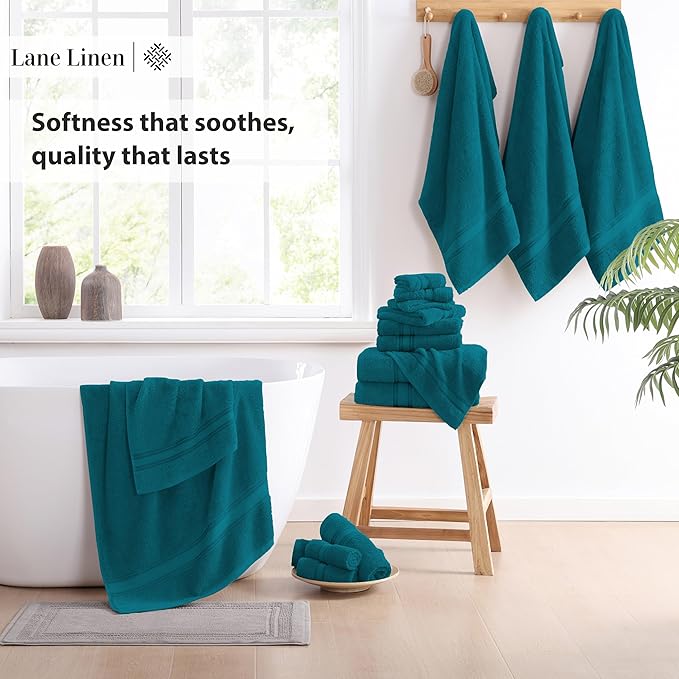 Lane Linen 100% Cotton Luxury Bathroom Towel Set - 18 Pcs - Zero Twist, Quick Dry, Super Soft & Highly Absorbent - 6 Bath Towels, 6 Washcloths, 6 Hand Towels - Tumble Dry regains Fluffiness - Sea Port