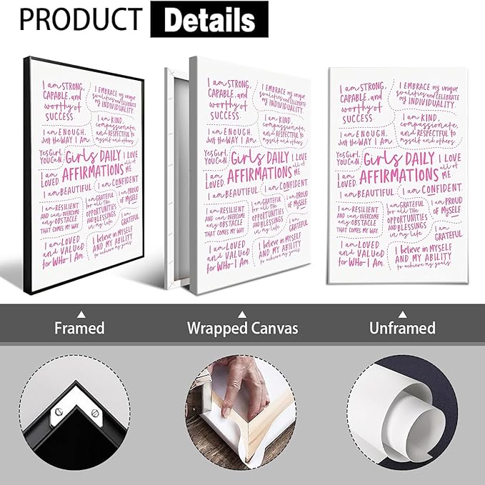 JMGHKL Girly Daily Affirmations Wall Art Pink Motivational Inspirational Posters Trendy Positive Uplifting Quotes Canvas Prints For Girls Bedroom Teen Bedroom Wall Decor 8x12in Wrapped Canvas