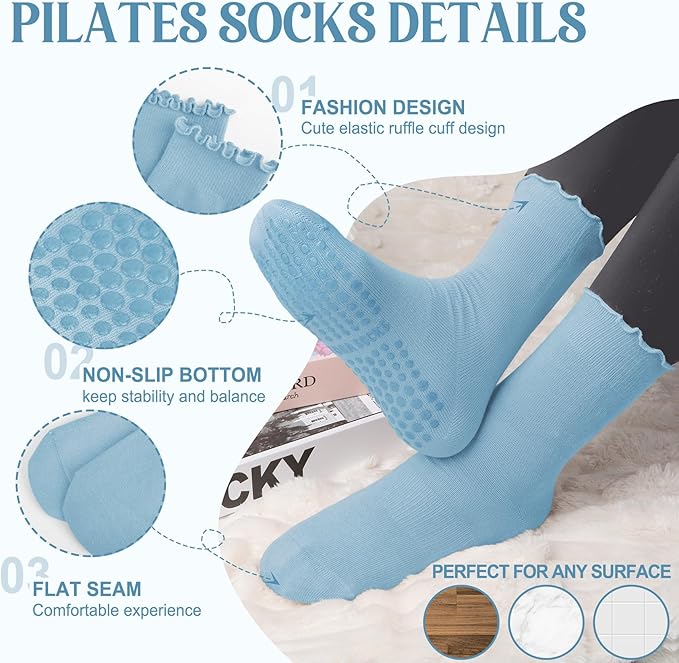 4 Pairs Pilates Socks with Grips for Women Yoga Ruffle Cute Grip Socks Pilates Non Slip Crew Ballet Hospital Workout