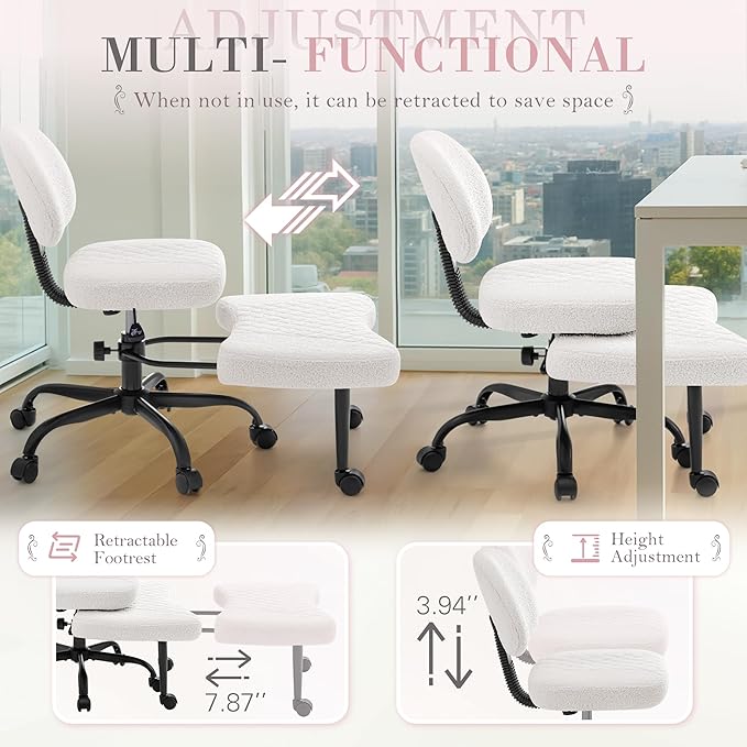 Furmax Ergonomic Criss Cross Legged Office Chair with Wheels, 360°Swivel Adjustable Height Kneeling Desk Chair with Footrest for ADHD, Yoga, Meditation, Home Office (Teddy Fabric, White)