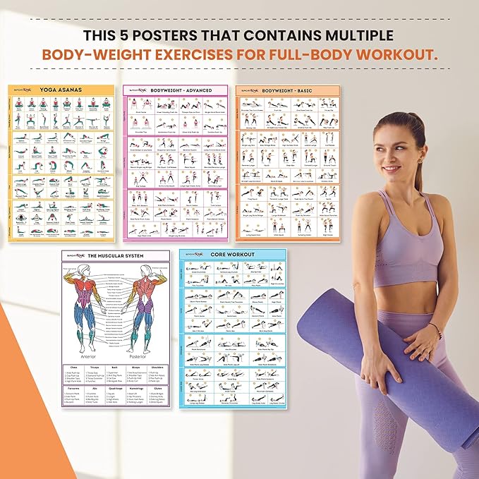 SPORTAXIS 5 Pack Laminated Workout Posters for Home Without Equipment Color Illustrations Bodyweight Basic Building Exercises Yoga Abs Training for Men and Women 18x27 Inches