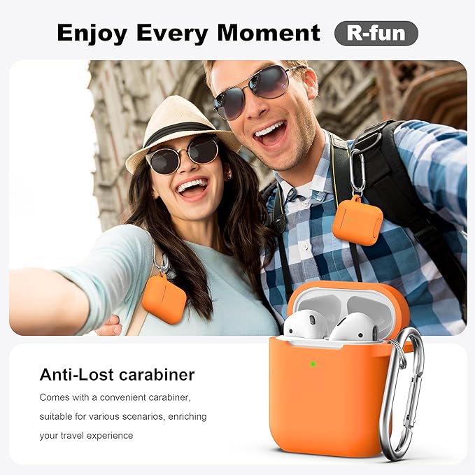 R-fun Compatible with AirPods Case Cover, Soft Silicone Protective Cover with Keychain for Women Men Compatible with Apple AirPods 2nd 1st Generation Charging Case, Front LED Visible,Orange