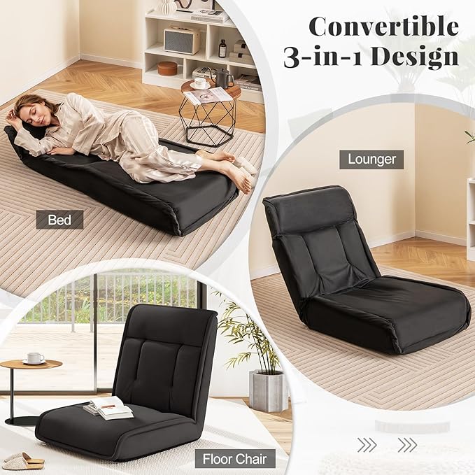 COSTWAY Folding Floor Chair, Convertible Lazy Sofa with 14-Poistion Adjustable Backrest, 5-Position Adjustable Headrest, Cushioned Floor Gaming Chair for Adults, Reading, Meditating (Black)