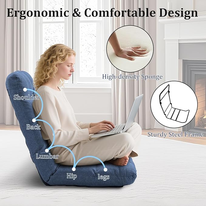 Folding Floor Chair with Back Support, 14 Adjustable Positions, Breathable Padded Sleeper Bed, Couch Recliner, Gaming Sofa Chair for Adults & Kids, Perfect for Meditating, Reading, Living Room (Blue