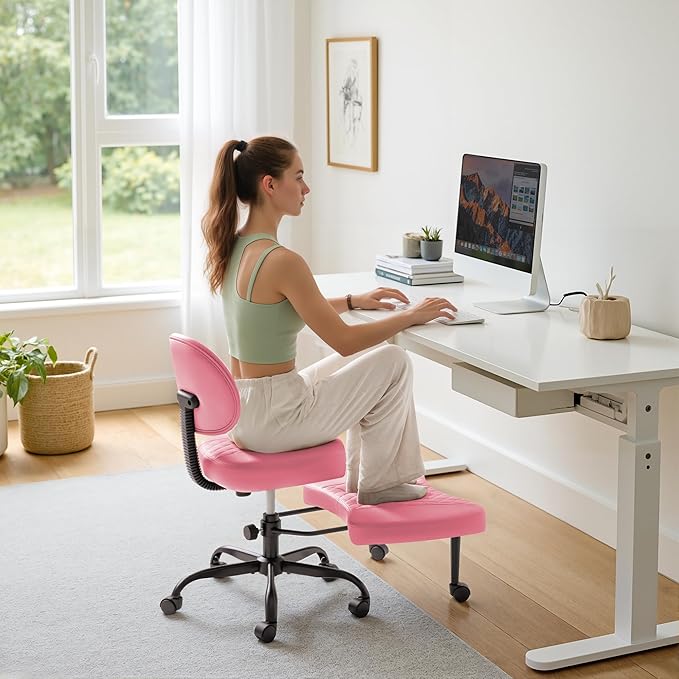 Furmax Ergonomic Criss Cross Legged Office Chair with Wheels, 360°Swivel Adjustable Height Kneeling Desk Chair with Footrest for ADHD, Yoga, Meditation, Home Office (Leather, Pink)