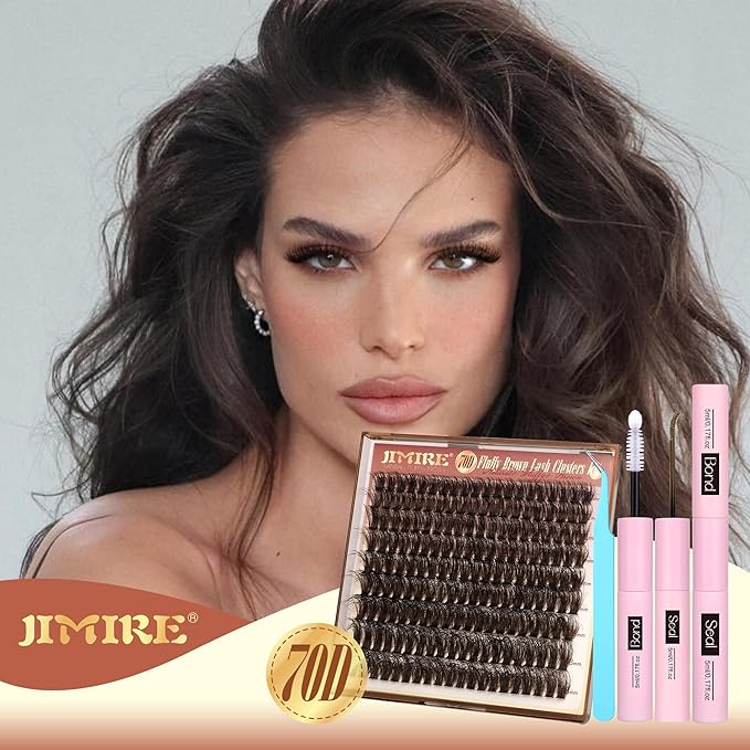 JIMIRE Brown Lash Extension Kit Natural Look Wispy Brown Lash Clusters Individual Lashes with Lash Bond and Seal Wsipy D Curl 10-18MM DIY Eyelash Extension Kit Fluffy Brown Cluster Lashes 180Pcs