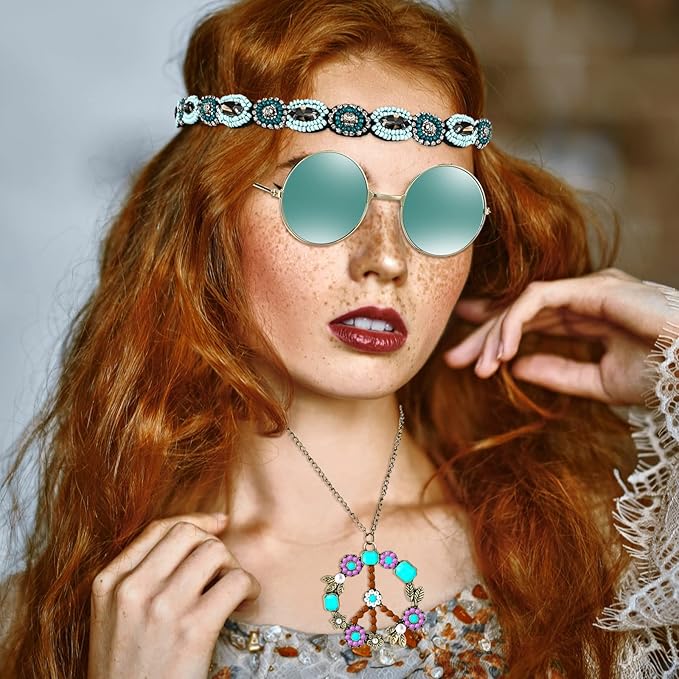 WILLBOND 60s 70s Accessories for Women Hippie Costume Accessories Peace Sign Necklace Headband Hair Wreath Sunglasses