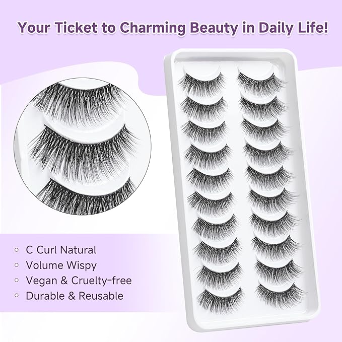 Eyelashes Natural Cat Eye Lashes 15mm Wispy Eyelashes Thin Band False Eyelash 3D Volume False Lashes Soft Lash Strips C Curl Natural Fake Lash 10 Pair EVENTILL