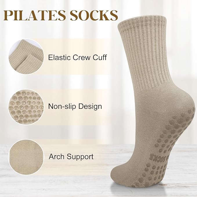 Justay 6 Pairs Pilates Socks with Grips for Women Soft Non Slip Crew Cotton Athletic Workout Barre Hospital Yoga Socks