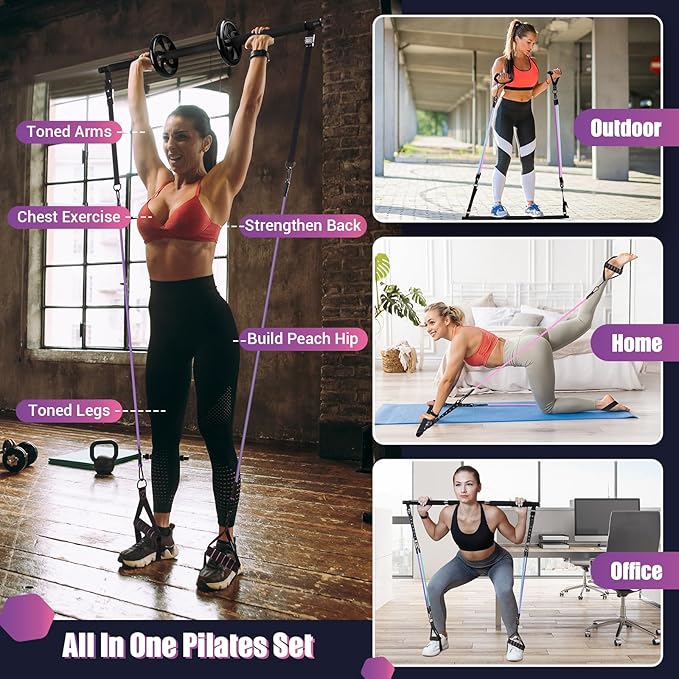 Pilates Bar Kit with Resistance Bands, Multifunctinal Exercise Bar with Ab Roller for Pilates/Abs/Weight Loss, Portable Home Gym Pilates bar kit for Full Body Training Women