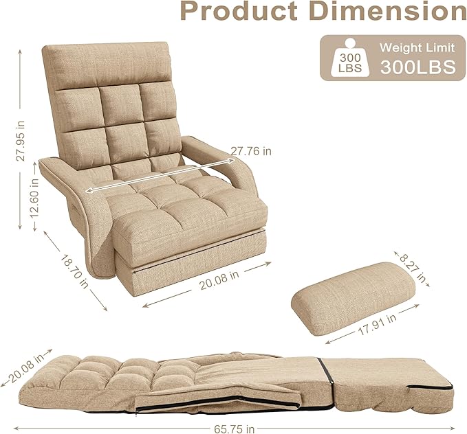 Floor Gaming Chair for Adults, 6-Position Adjustable Chaise Lounge Chair with Meditation Arm, Foldable Lazy Sofa with Pillow, Comfy Chair Indoor for Bedroom Dorm Living Room, Beige