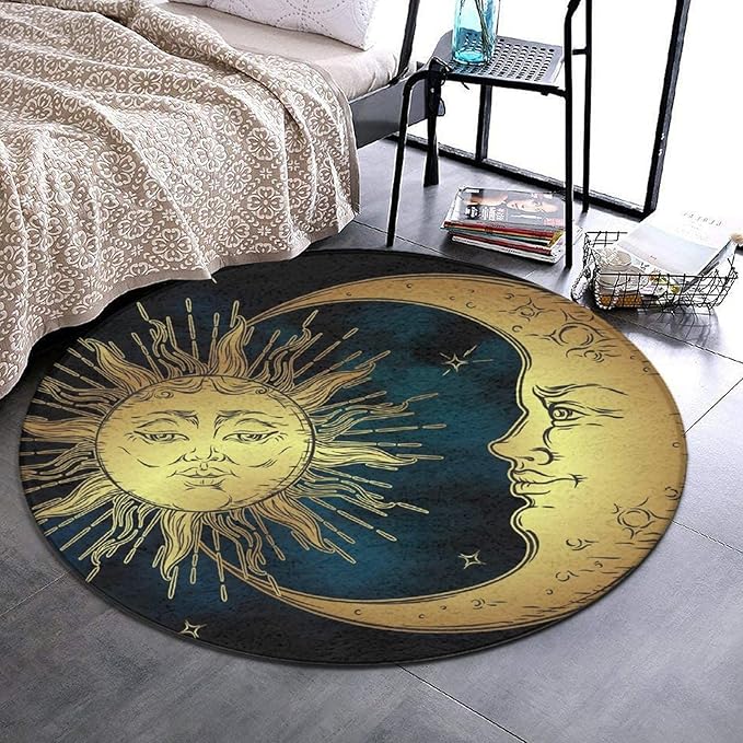 Large Home Decor Mat, Soft Round Yoga Carpet, Non-Slip Machine Washable Home Office Circle Rug Compatible with Boho Gold Sun Crescent Moon Star